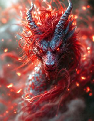 Primary subject: A dragon with red hair and a fierce expression.

Setting/background: The dragon is standing in front of a red background, which adds to the dramatic atmosphere.

Visual style: The image is a digital artwork, featuring a detailed and intricate dragon design.

Colors and mood: The dominant colors in the image are red and orange, which create a bold and intense mood.